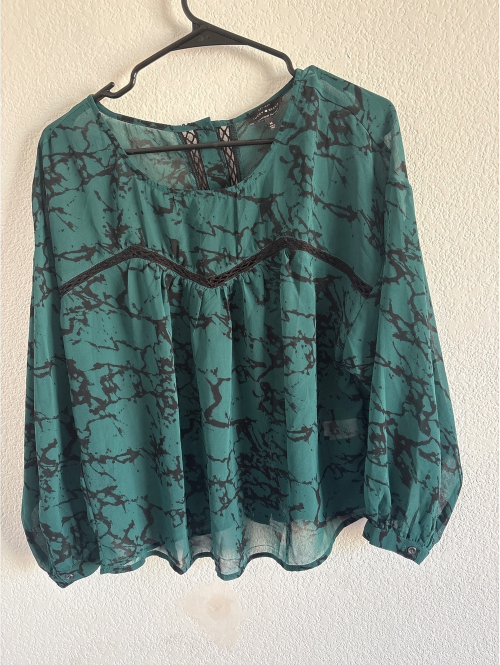 Lucky Brand Medium Green and Black Sheer Long Sleeve Blouse with Lace Detail